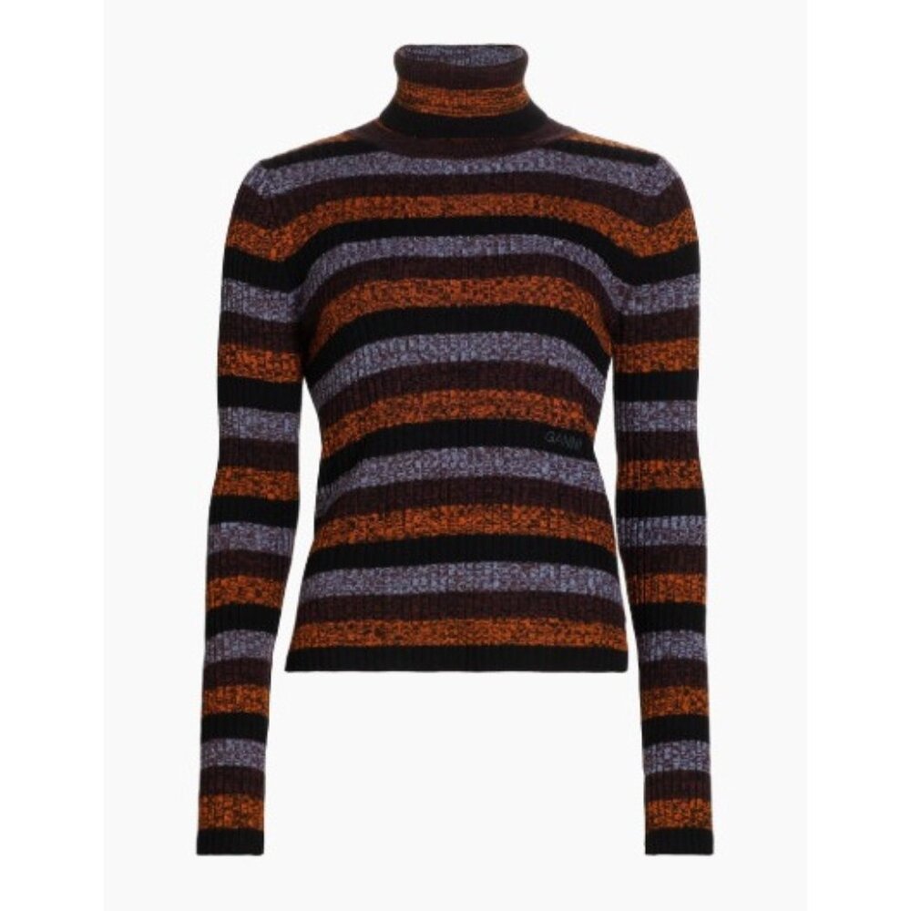 Ganni Multicolor Striped Cut-Out Merino Wool Turtleneck Sweater, Size Medium